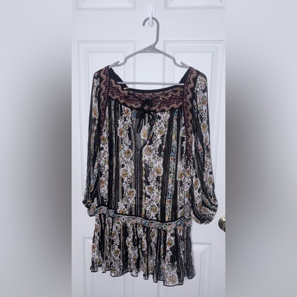 Free People Boho Peasant Dress Size Large Sheer Floral Metallic Thread Tiered - Picture 3 of 3